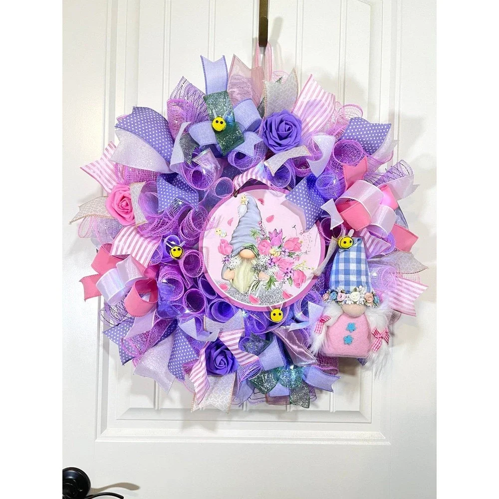 Handmade Spring Floral Bee Gnome Prelit Ribbon Wreath 22 in LED W1